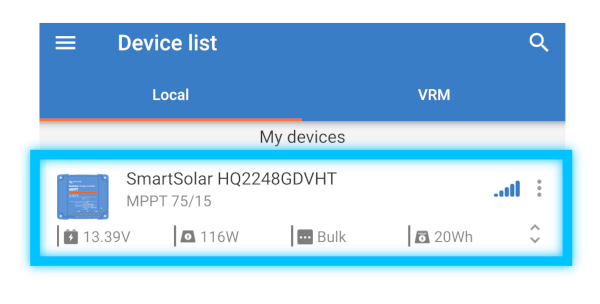 VictronConnect device list showing nearby products