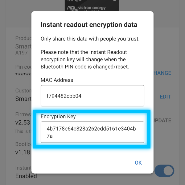 VictronConnect screen showing the final encryption key